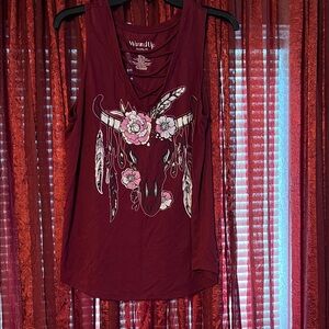 Wound Up Maroon Tank Top with Floral Bull Design